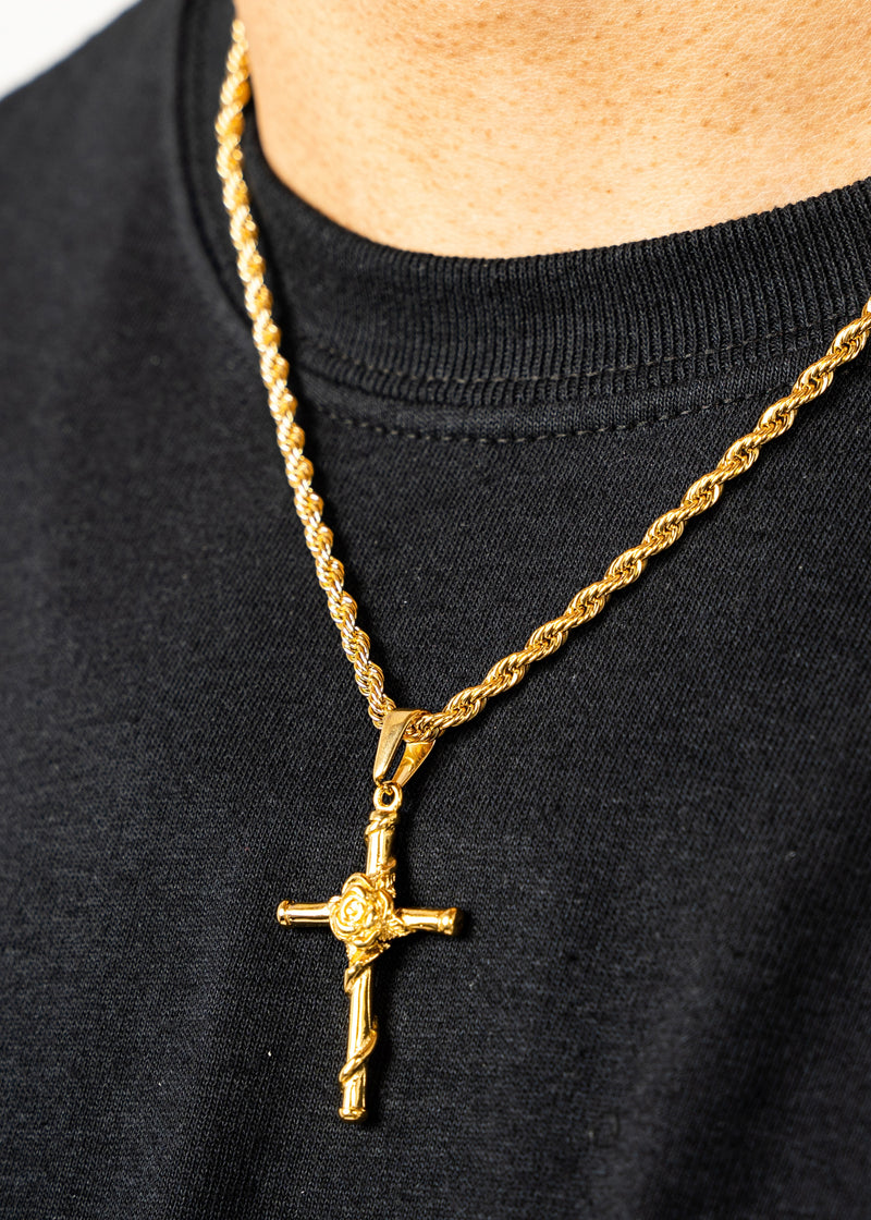 Gold Rose Cross Pendant