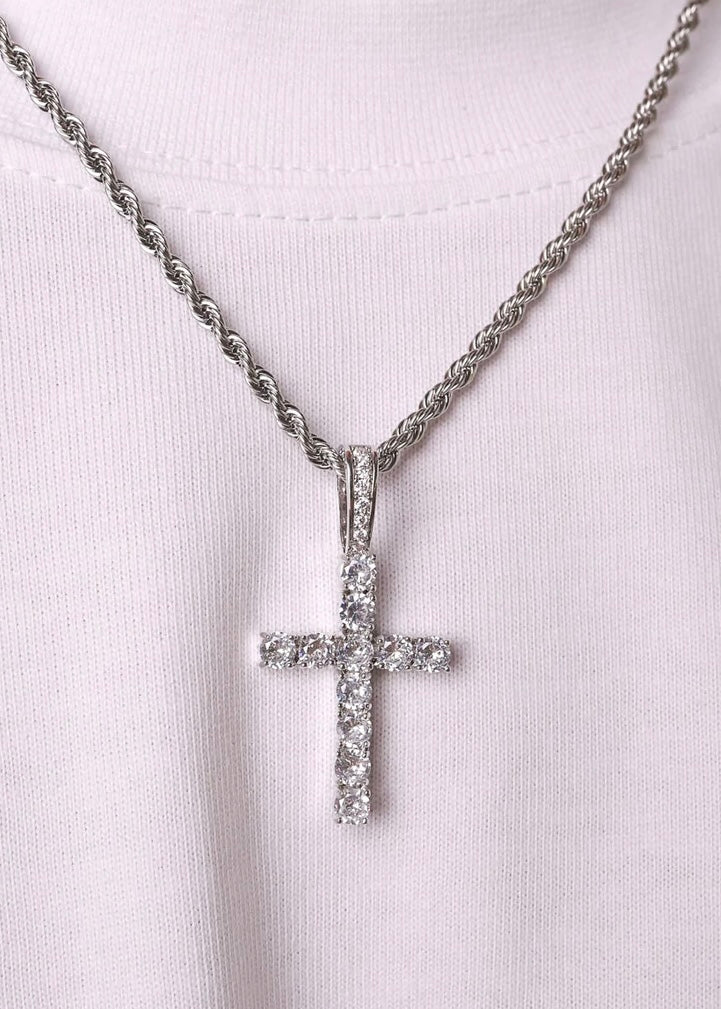 Silver Round Diamond Cross Pendant
